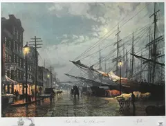 New York South Street Under a Full Moon in by John Stobart, 1880, lithograph, artist proof Pencil, offered Feb 2025