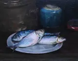 Arthur J. Hammond, Still Life of Fish on a Plate, 1920, Oil on canvas board