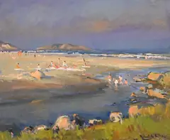Good Harbor Beach in Gloucester, Massachusetts with Salt Island in the background by Robert Charles Gruppe, Oil on canvas, offered Feb 2025