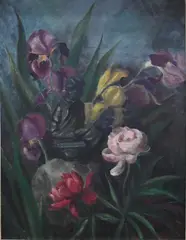 William Lester Stevens, Still life of flowers in a vase with a Buddha figure Iris, Oil on canvas