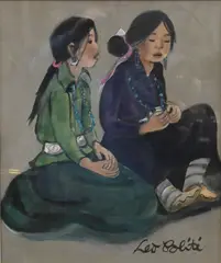 Two Seated Asian Girls by Leo Politi, Mixed media, watercolor, pencil, acrylic on paper, offered Feb 2025