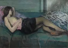 Moses Soyer, Reclining Semi Nude Woman on a Bed, Oil on canvas