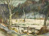 William Lester Stevens, Winter Forest Landscape with a Stream and Trees