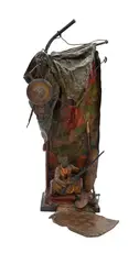Austrian cold painted by Franz Xavier Bergman, bronze lamp of Bedouin guard sitting with his rifle in front of draped floral de, offered Jan 2025