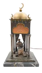 Austrian cold painted by Franz Xavier Bergman, bronze table lamp of a bearded man painting vessels on marble base Height 15 inc, offered Jan 2025