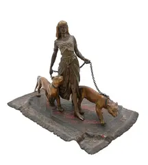 Cold painted by Franz Xavier Bergman, bronze of woman walking two panthers, on Oriental rug Marked with a B centering, offered Jan 2025