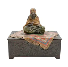 Franz Xavier Bergman, Cold painted, bronze lift top box Having figural cover of a man smoking a pipe Height 6 1/2 in
