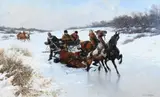 Adolf Schreyer, Russian Troika Breaking Through the Winter Ice, Oil on canvas