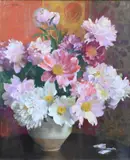 Laura Coombs Hills, Still Life of Pink Peony Flowers in a Vase with Orange Wallpaper