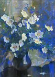 Laura Coombs Hills, Still Life of White Flowers with a Blue Background
