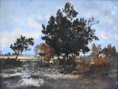 Théodore Rousseau, French Countryside Landscape, Oil on wood panel