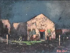 Will Sparks, Arizona Night Scene, Stucco Fort, Oil on board