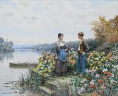 Conversation by the Parisian Riverside Featuring a young man and women talking amongst flowers by Louis Aston Knight, Watercolor on paper, offered Jan 2025