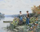 Louis Aston Knight, Conversation by the Parisian Riverside Featuring a young man and women talking amongst flowers