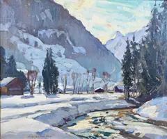 William Lester Stevens, Winter Landscape with a Village in the Mountains, Oil on canvas
