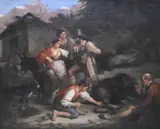 Gaetano Chierici, The Bear Hunt scene of a group of villagers tying down a mother bear while a woman and child look to a man holding her two bear cubs, Oil on canvas in ornate gilt wood