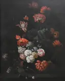 Simon Pietersz Verelst, Roses, Tulips and Carnations in a Glass Vase on a Stone Ledge, Oil on canvas, in carved wood
