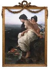 Wilhelm Kray, Seated female Nude and two Children in a rocky seascape, Oil on canvas