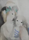 Portrait of a Mother and Daughter Depicting a woman with a laurel wreath crown holding a young girl in a blue striped dress by Marie Laurencin, Watercolor on paper, offered Jan 2025