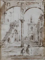 A man and a child approaching a portico towards a campiello Pen and brown by Francesco Guardi, ink wash on laid paper Watermark initials VO, offered Jan 2025