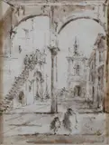 Francesco Guardi, A man and a child approaching a portico towards a campiello Pen and brown, ink wash on laid paper Watermark initials VO