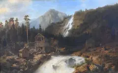 Hermann Ottomar Herzog, Waterfall and Loggers in the Mountains of Hallingdal, Norway, 1858, Oil on canvas