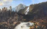 Hermann Ottomar Herzog, Waterfall and Loggers in the Mountains of Hallingdal, Norway