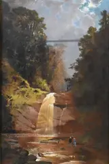 Samuel Colman, Landscape with a Bridge over a Waterfall Depicting a couple waving in the foreground to figures in the distance, Oil on canvas