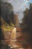 Samuel Colman, Landscape with a Bridge over a Waterfall Depicting a couple waving in the foreground to figures in the distance, Oil on canvas