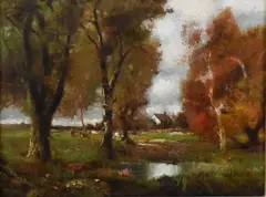 Autumn Landscape with Cows and Horse in the Background by William Howard Hart, Oil on board, offered Jan 2025