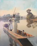 Frank Percy Wild, Full length portrait of an Edwardian mother, daughter and dog in a boat, Oil on canvas