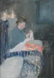 Woman at the Fabric Store by Nina Maguire, Acrylic on board, offered Jan 2025