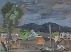 Morris Blackburn, Village Church, circa 1959, Mixed media, pastel, watercolor, gouache on paper