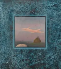 John Beerman, Untitled, Twilight Landscape with Plane Trails, 1986, Mixed media, pastel, aquatint on paper