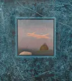 John Beerman, Untitled, Twilight Landscape with Plane Trails, 1986, Mixed media, pastel, aquatint on paper
