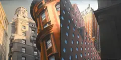Leigh Behnke, Litirhythmns: Parallel Perspective Study, 1983, Oil on canvas diptych of a cityscape