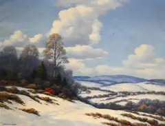 Francis Dixon, Francis Dixon (American 1879-1967) Winter Landscape with rolling hills and village in the distance, Oil on canvas