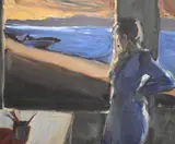 Robert Adler, Riverside Drive (woman looking out the window), Oil on canvas