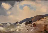 Figures and boars along the shore by Louis Johan Hendrik Meijer, Oil on canvas Nautical scene featuring Fisher wives awaiting the fishermans return, 1839, offered Oct 2024