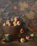 Joe Anna Arnett, Peaches and Tapestry, 1991, Oil on canvas in carved wood
