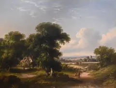 Walter Heath Williams, Countryside landscape with two farmers and cows in the distance, Oil on canvas