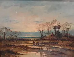 Andrew MacCallum, Landscape of a marsh with three people and buildings in the distance, Oil on wood panel