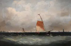 John Fraser, Seascape with sailboats and a city in the background, Oil on canvas