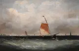 John Fraser, Seascape with sailboats and a city in the background, Oil on canvas