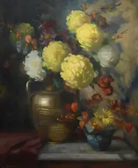 Marguerite Stuber Pearson, Chrysanthemums in Brass, Oil on canvas