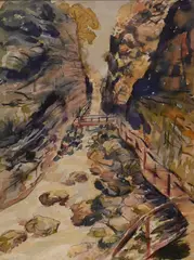 Leon Kroll, Landscape of a bridge over a ravine, Watercolor