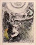 Marc Chagall, L'Enfant Ressuscite Par Elie, 1956, etching with hand-coloring on paper