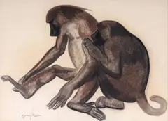 Georges Lucien Guyot, UNTITLED (Baboons), charcoal and pastel on paper laid to board