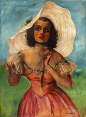 Bradshaw Crandell, Summer Girl Red Dress And White Hat, oil on board