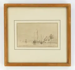 Abraham Hulk Senior, Boats at Jetty, graphite on paper